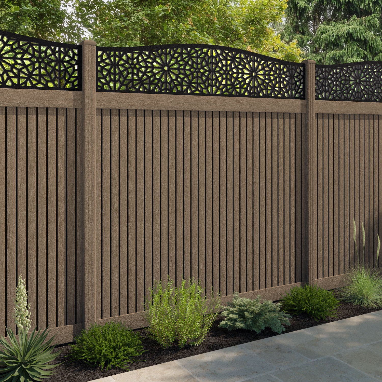 Virtis Alnara Curved Top Fence Panel - Teak - with our composite posts