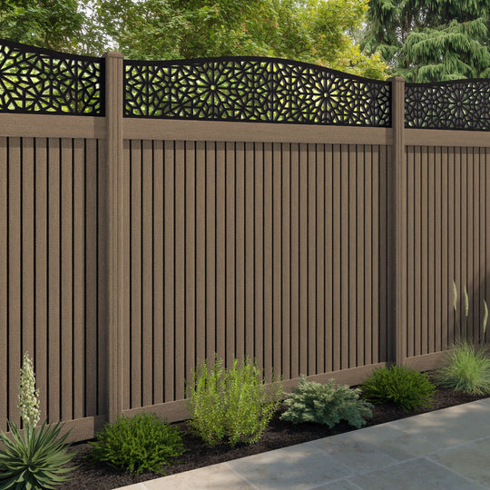 Virtis Alnara Curved Top Fence Panel - Teak - with our composite posts