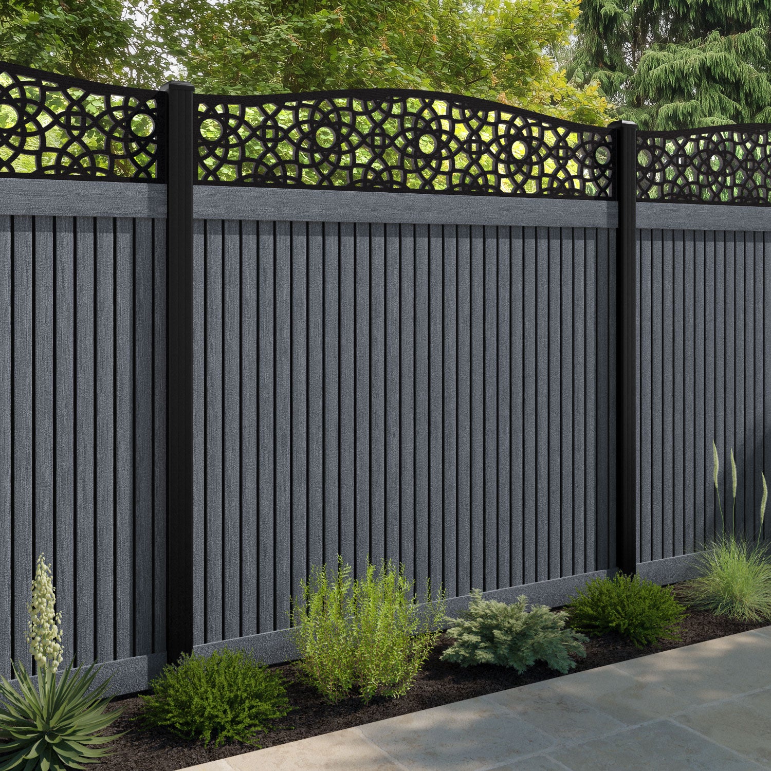 Virtis Ambar Curved Top Fence Panel - Anthracite - with our composite posts