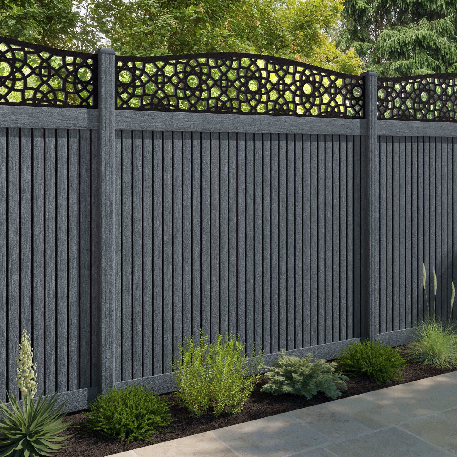Virtis Ambar Curved Top Fence Panel - Anthracite - with our composite posts