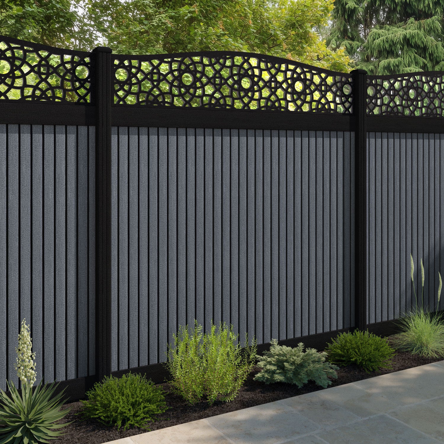 Virtis Ambar Curved Top Fence Panel - Anthracite - with our aluminium posts