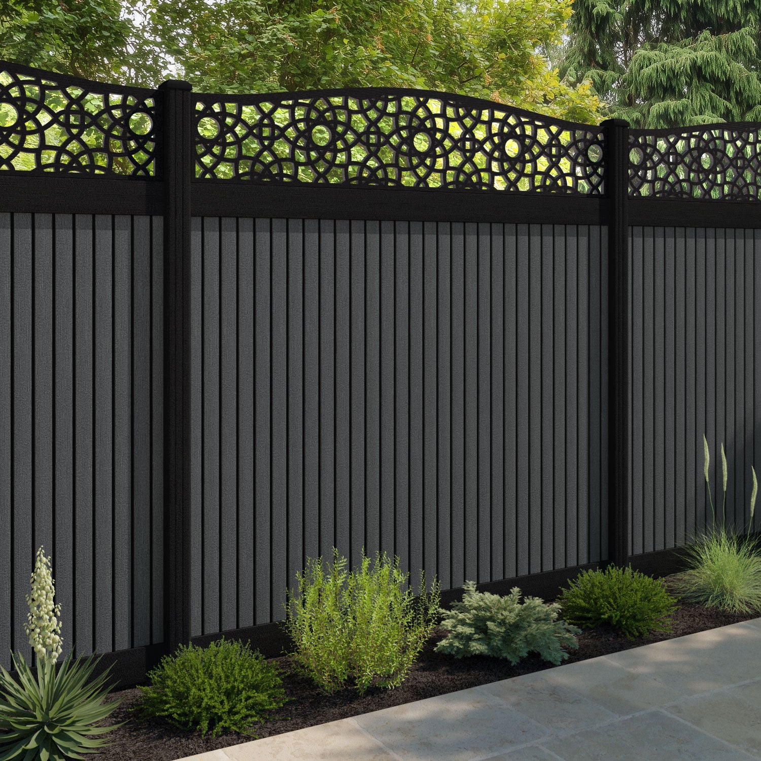 Virtis Ambar Curved Top Fence Panel - Dark Grey - with our composite posts