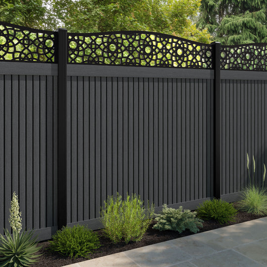 Virtis Ambar Curved Top Fence Panel - Dark Grey - with our aluminium posts