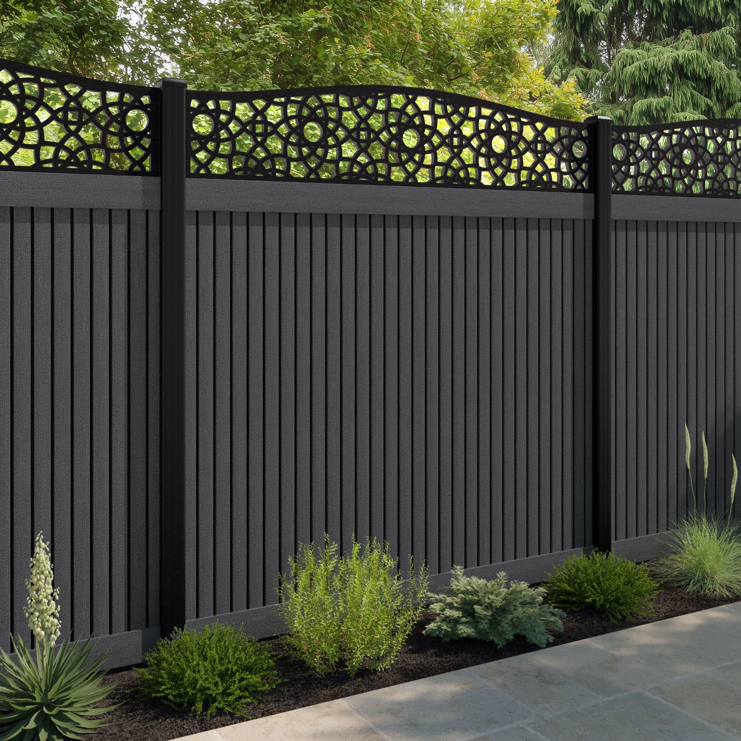 Virtis Ambar Curved Top Fence Panel - Dark Grey - with our composite posts