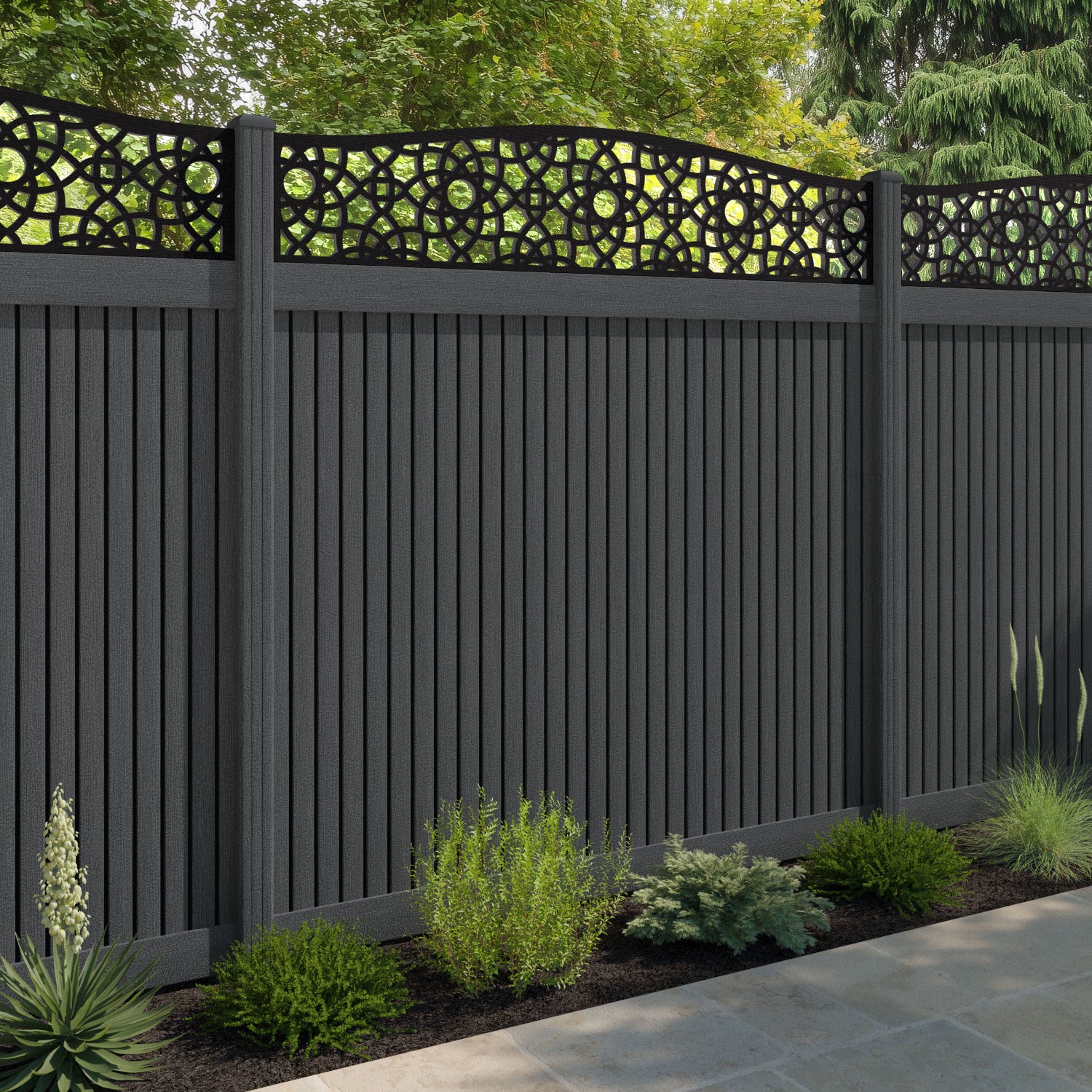 Virtis Ambar Curved Top Fence Panel - Dark Grey - with our composite posts