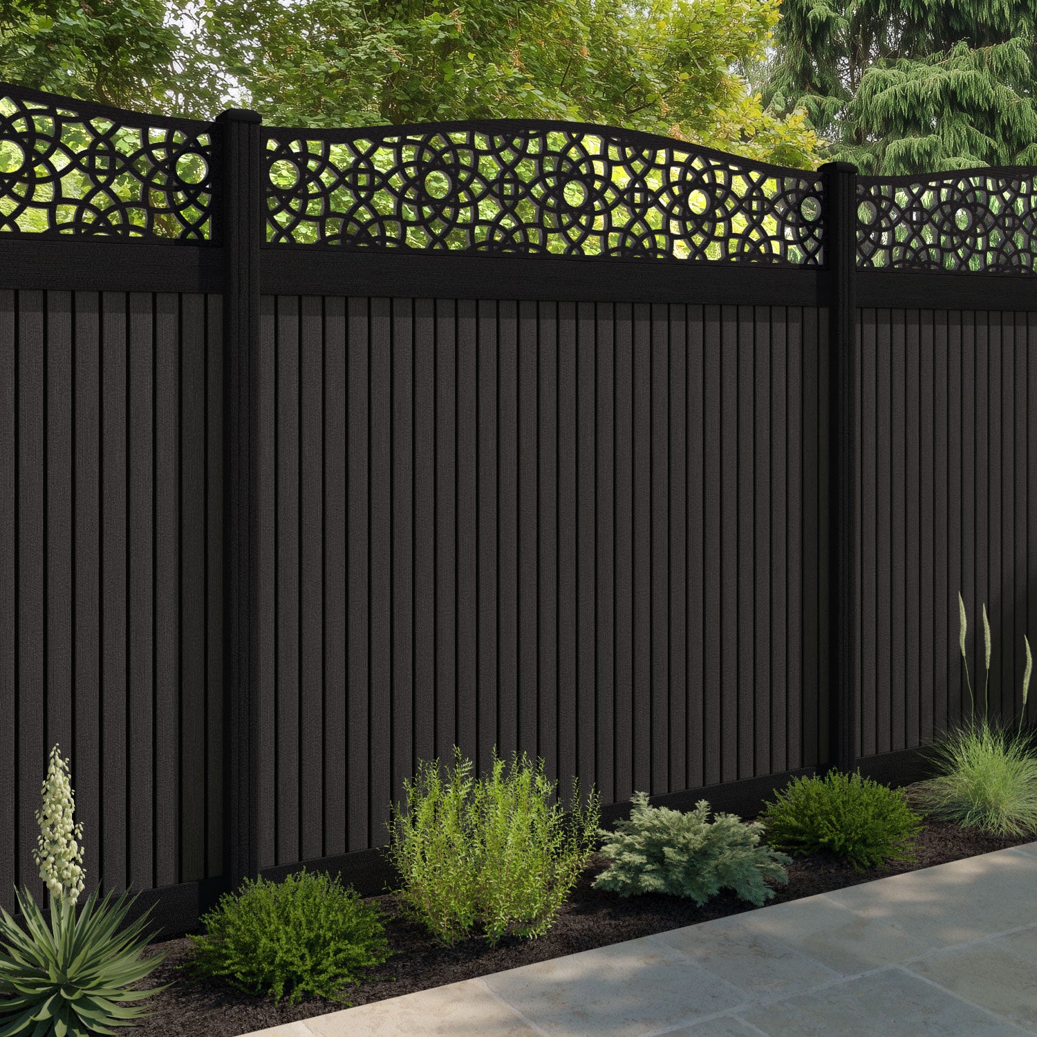 Virtis Ambar Curved Top Fence Panel - Dark Oak - with our aluminium posts