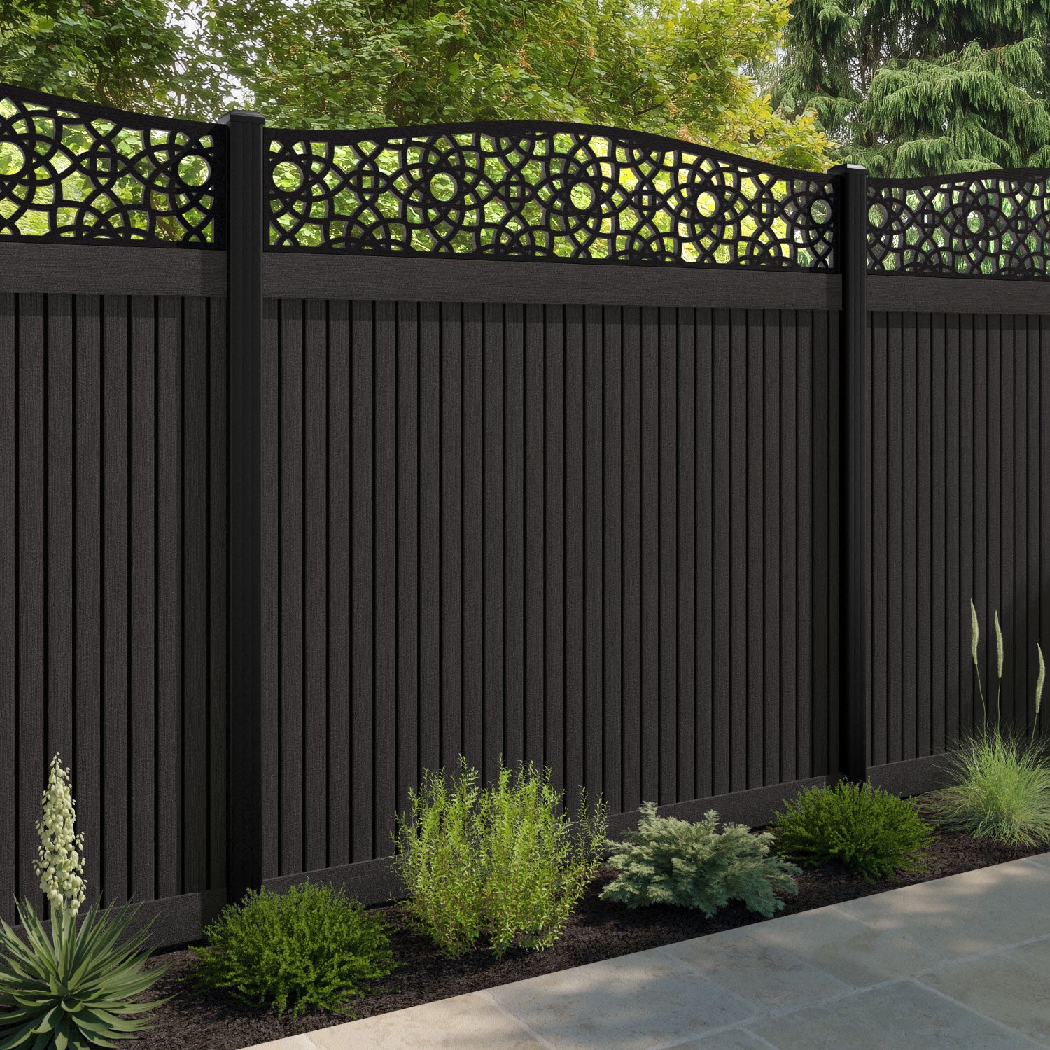 Virtis Ambar Curved Top Fence Panel - Dark Oak - with our aluminium posts