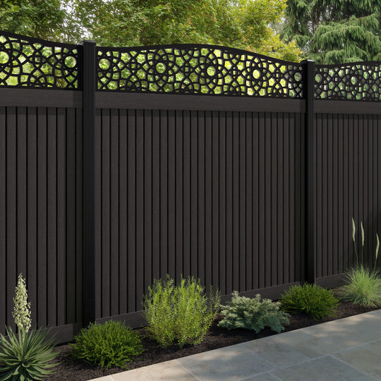 Virtis Ambar Curved Top Fence Panel - Dark Oak - with our aluminium posts