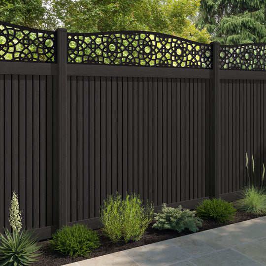 Virtis Ambar Curved Top Fence Panel - Dark Oak - with our composite posts
