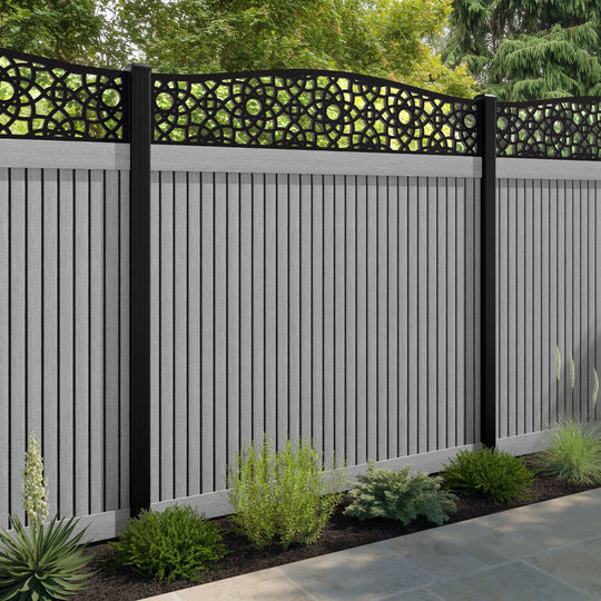 Virtis Ambar Curved Top Fence Panel - Light Grey - with our aluminium posts