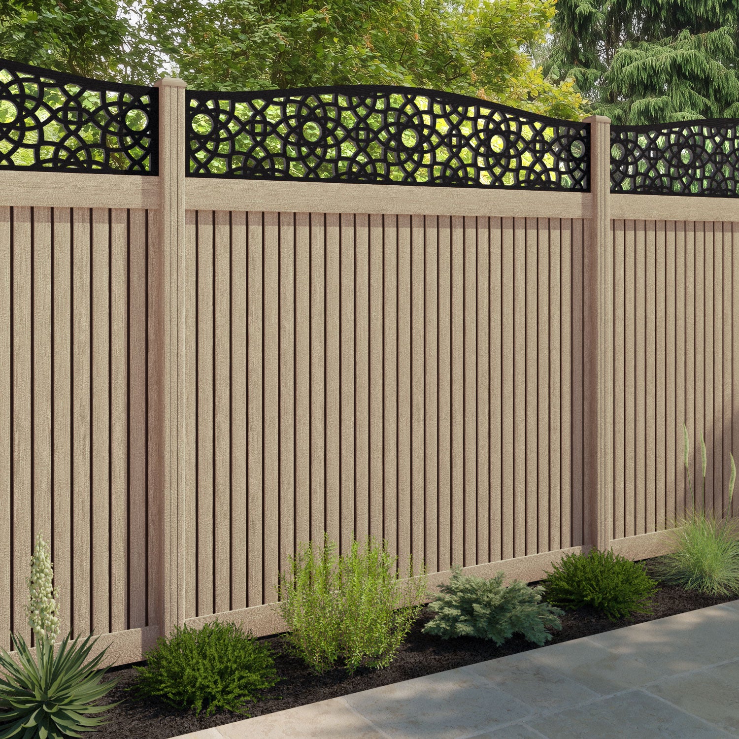 Virtis Ambar Curved Top Fence Panel - Light Oak - with our composite posts