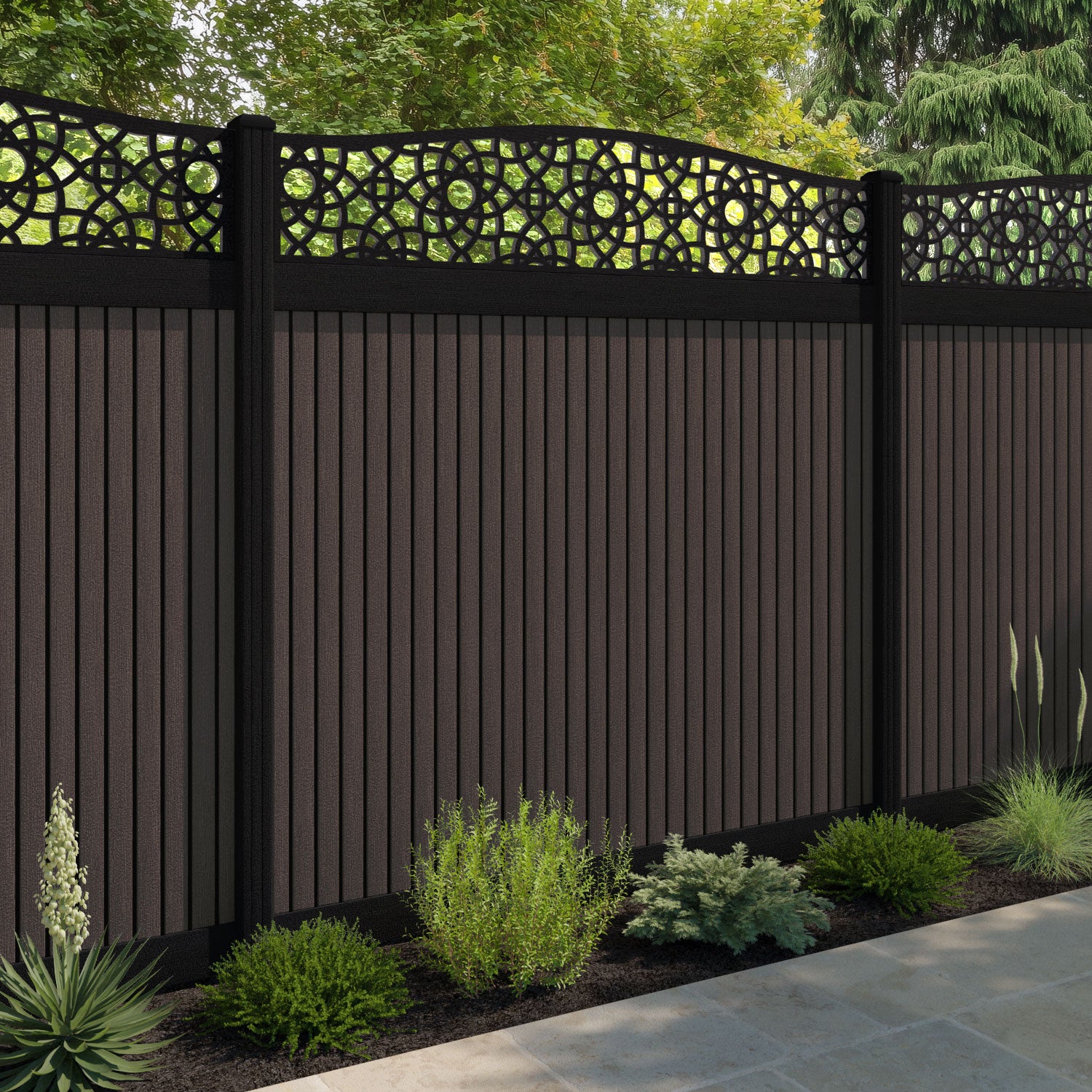 Virtis Ambar Curved Top Fence Panel - Mid Brown - with our composite posts
