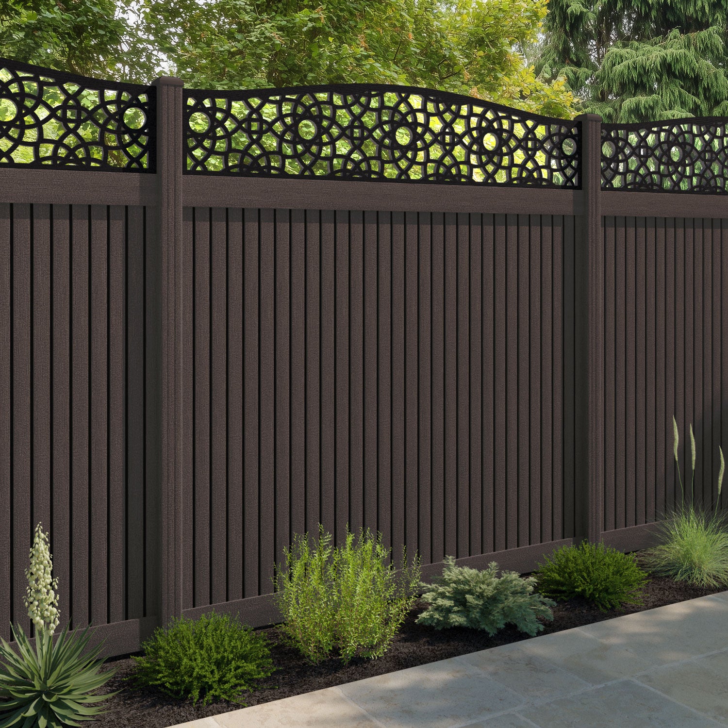 Virtis Ambar Curved Top Fence Panel - Mid Brown - with our composite posts