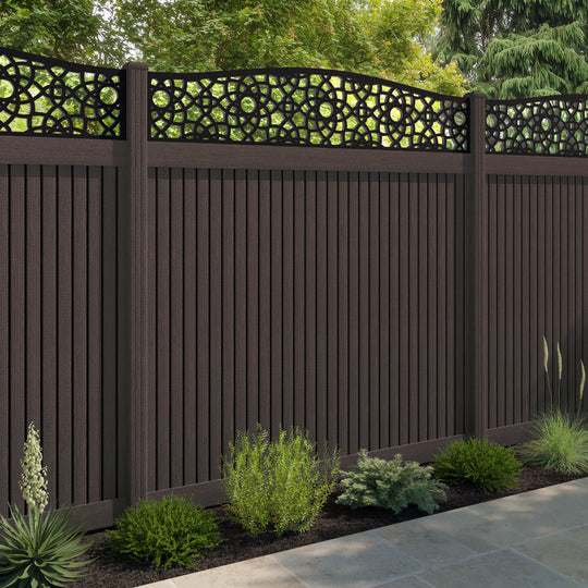 Virtis Ambar Curved Top Fence Panel - Mid Brown - with our composite posts