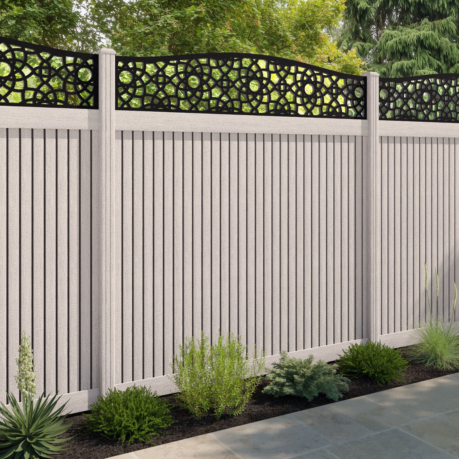 Virtis Ambar Curved Top Fence Panel - Mid Stone - with our composite posts