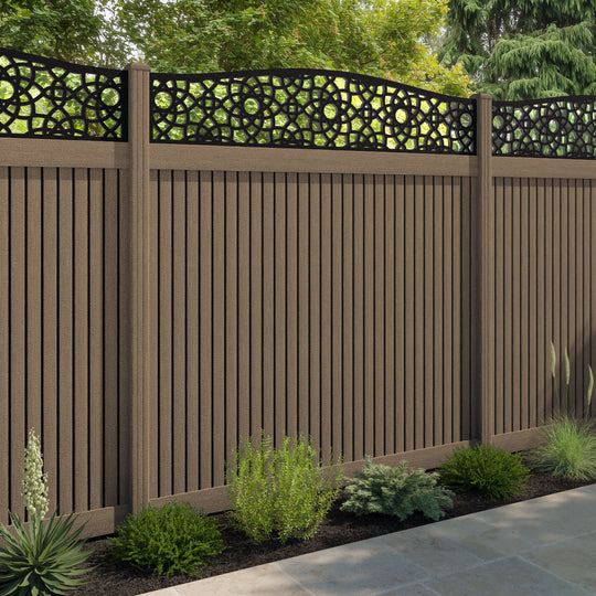 Virtis Ambar Curved Top Fence Panel - Teak - with our composite posts