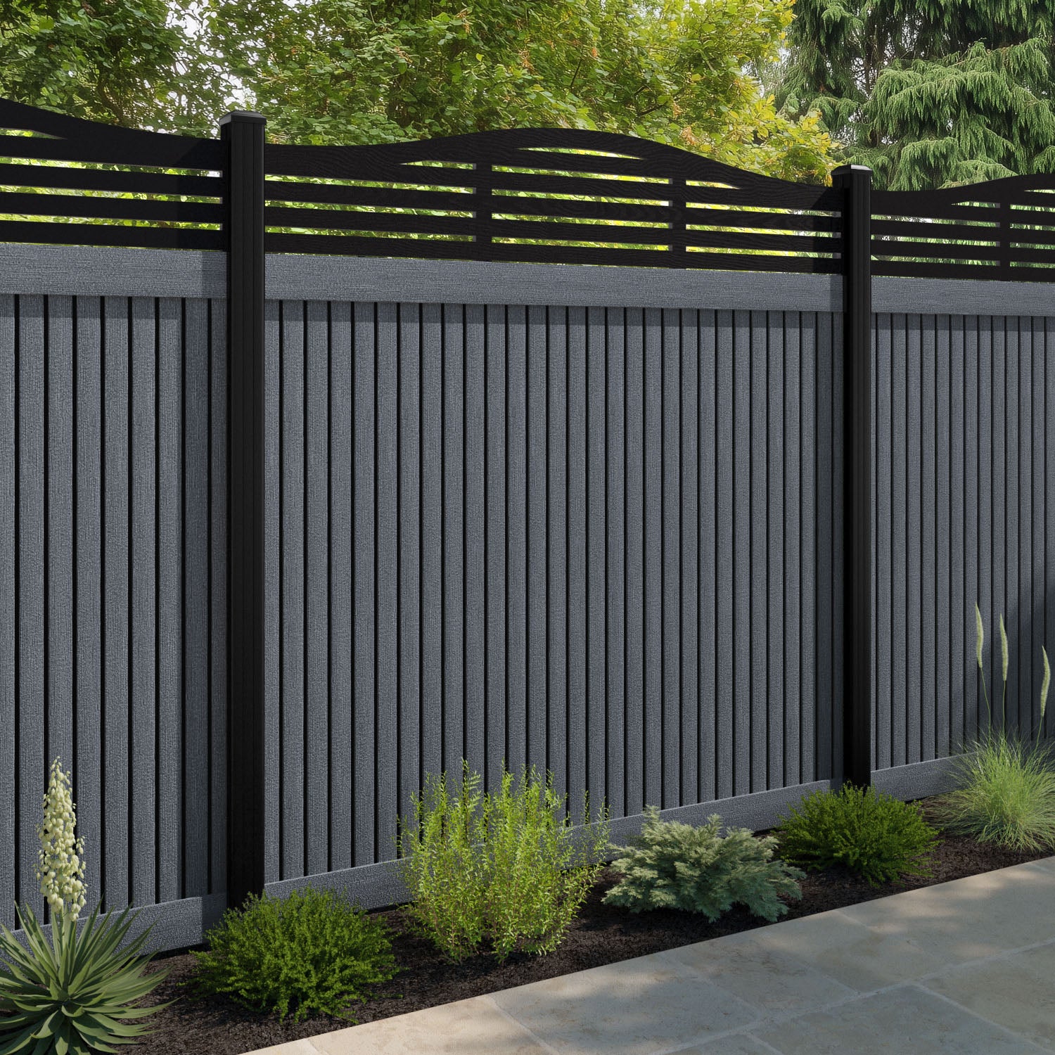 Virtis Aspen Curved Top Fence Panel - Anthracite - with our aluminium posts