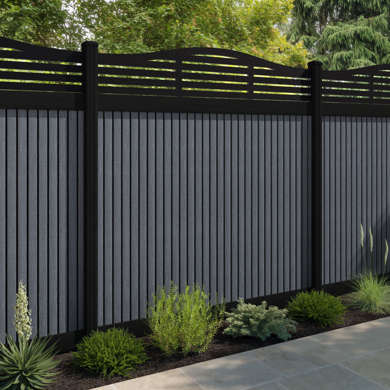 Virtis Aspen Curved Top Fence Panel - Anthracite - with our aluminium posts