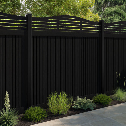 Virtis Aspen Curved Top Fence Panel - Black - with our aluminium posts