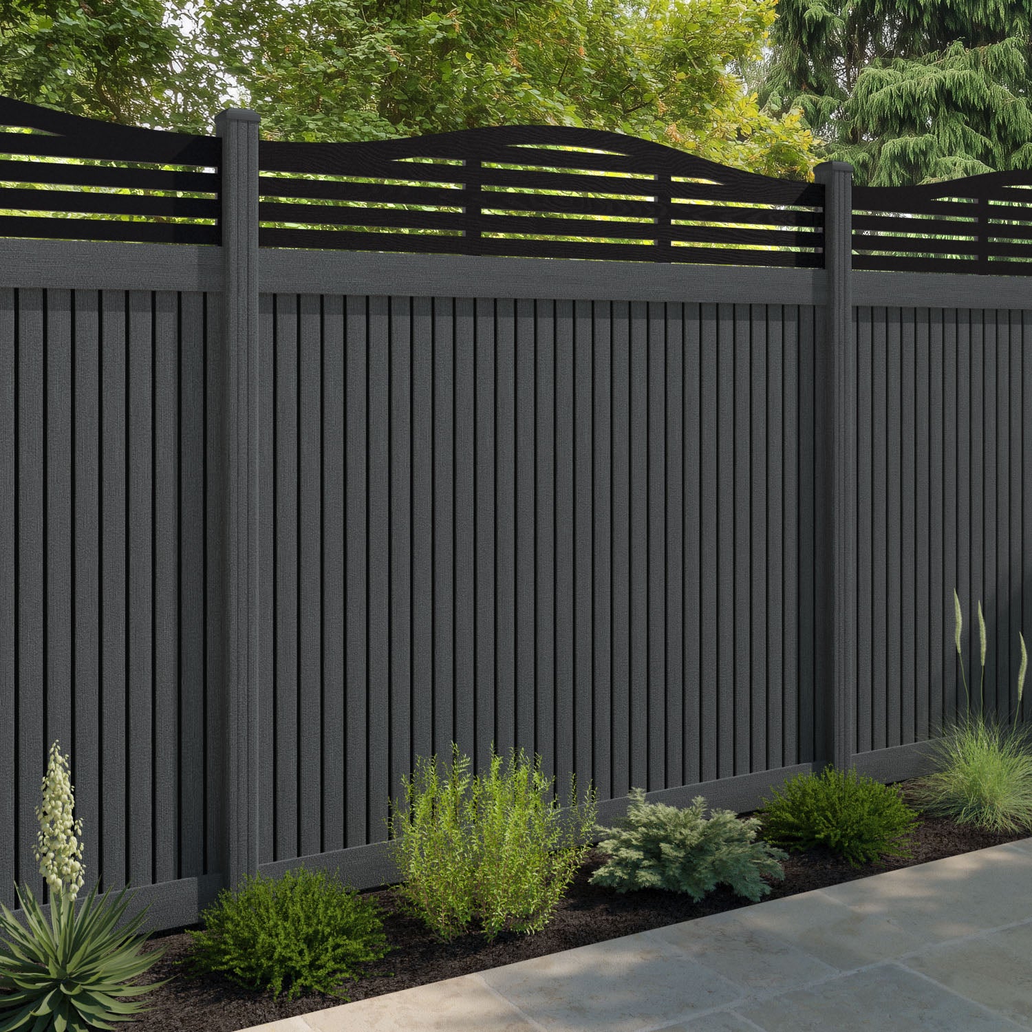 Virtis Aspen Curved Top Fence Panel - Dark Grey - with our composite posts