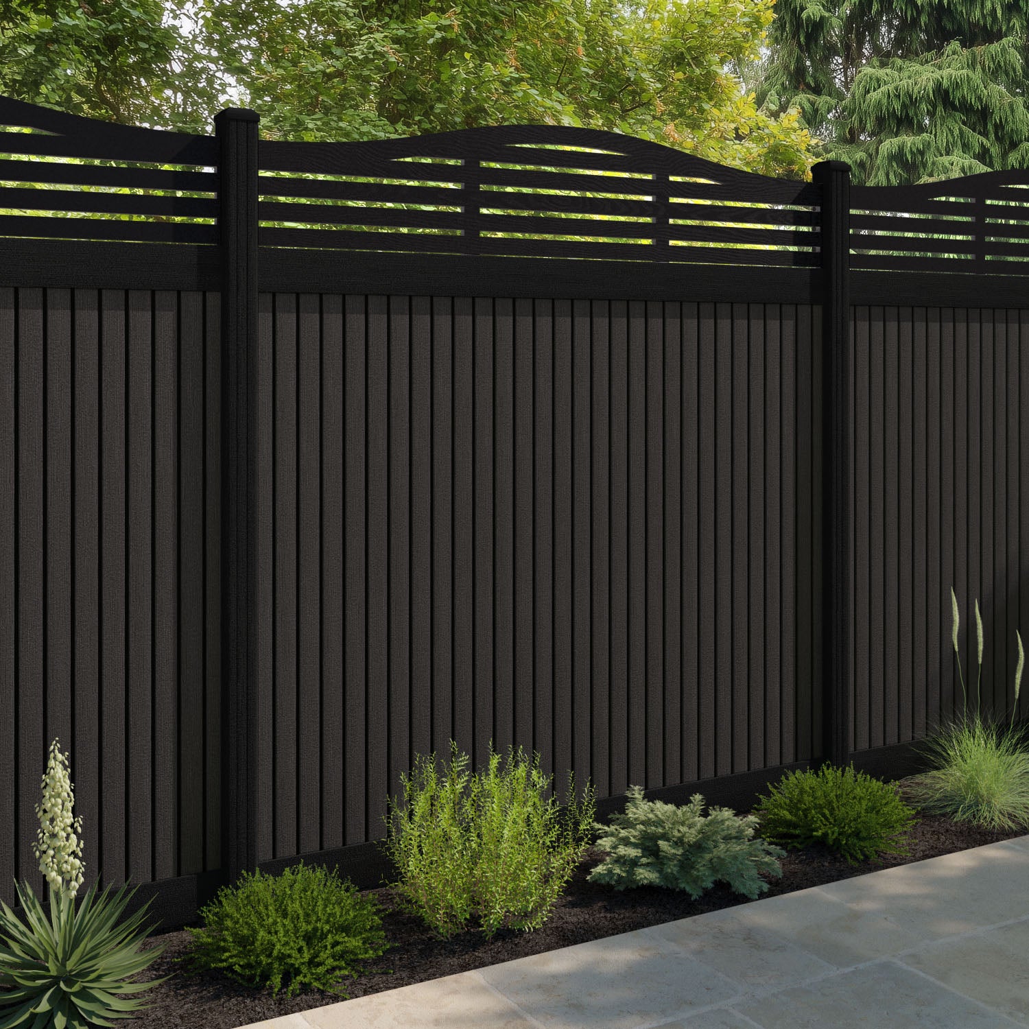 Virtis Aspen Curved Top Fence Panel - Dark Oak - with our aluminium posts