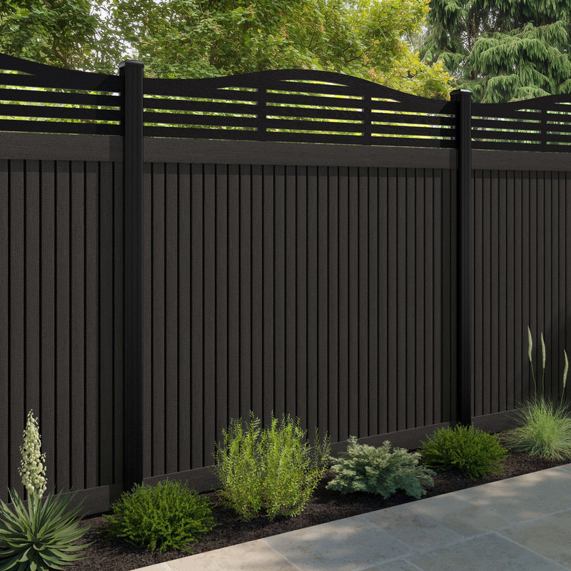 Virtis Aspen Curved Top Fence Panel - Dark Oak - with our aluminium posts