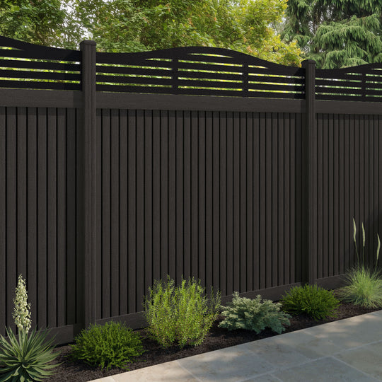 Virtis Aspen Curved Top Fence Panel - Dark Oak - with our composite posts