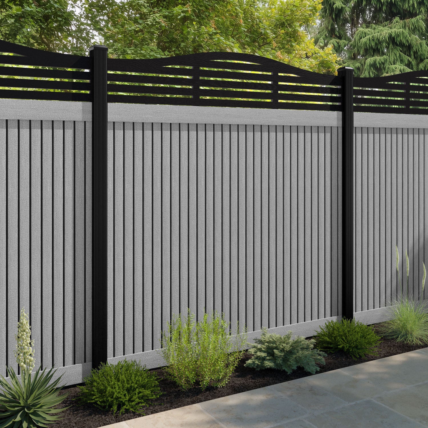 Virtis Aspen Curved Top Fence Panel - Light Grey - with our composite posts