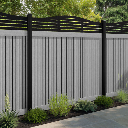 Virtis Aspen Curved Top Fence Panel - Light Grey - with our aluminium posts