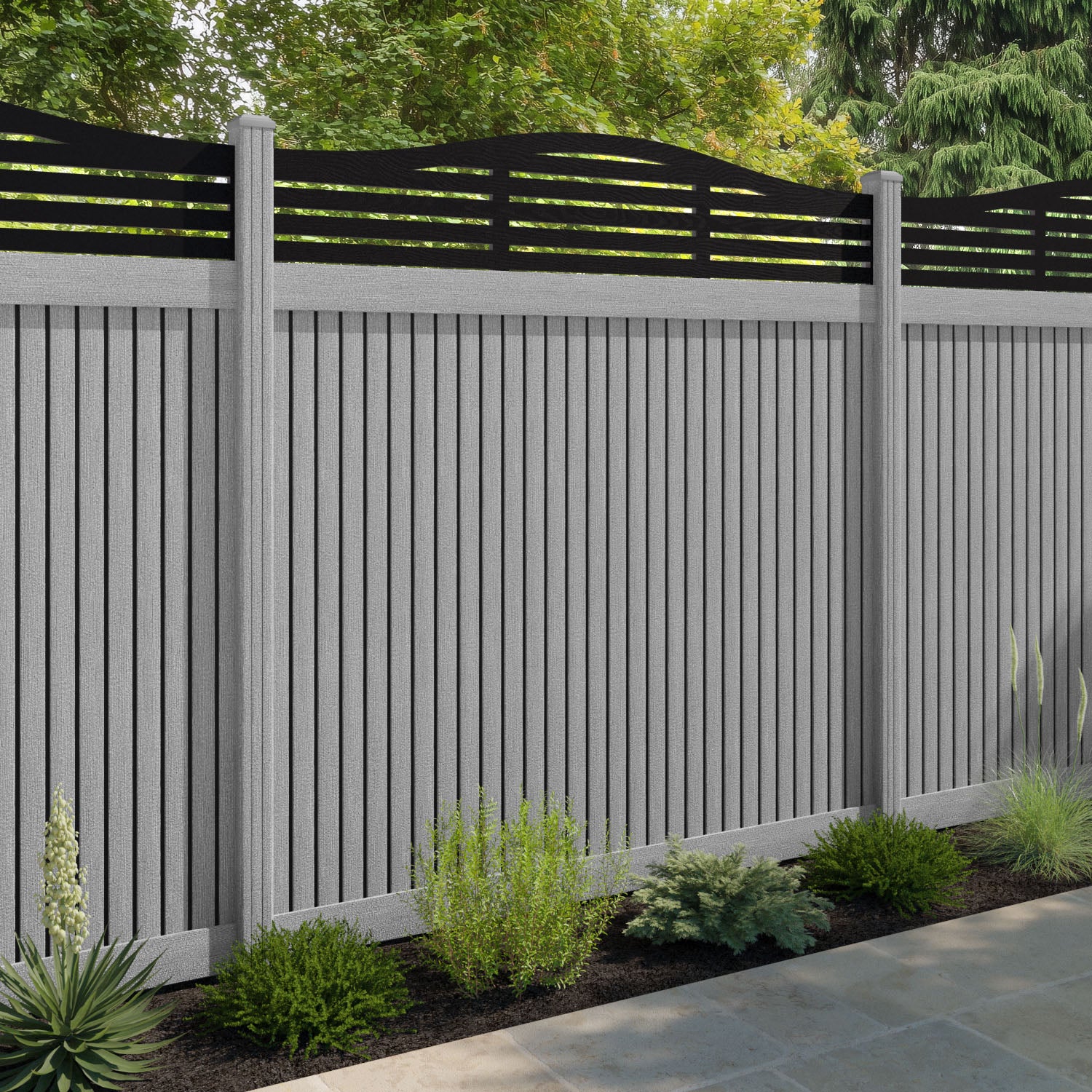Virtis Aspen Curved Top Fence Panel - Light Grey - with our composite posts