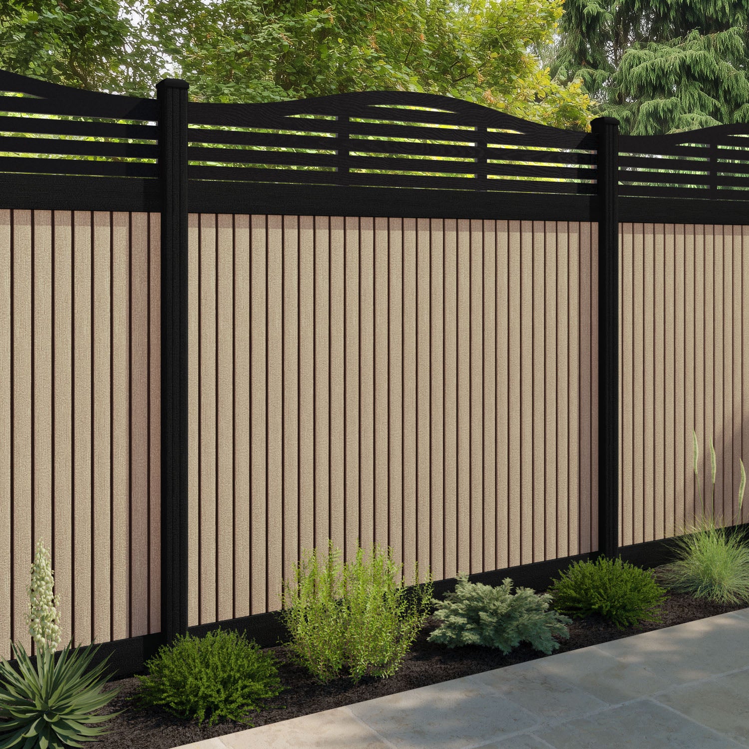 Virtis Aspen Curved Top Fence Panel - Light Oak - with our composite posts