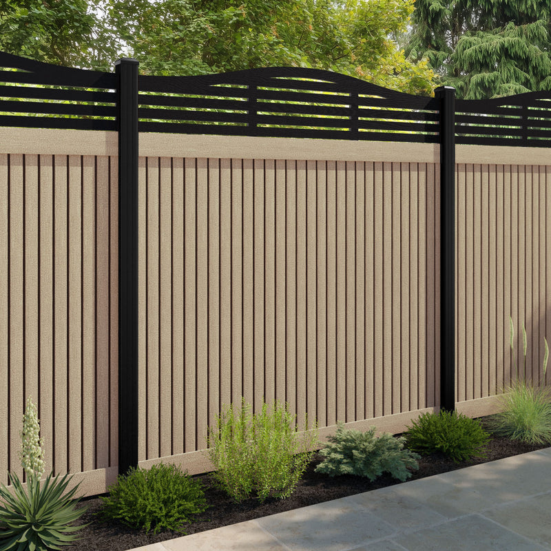 Virtis Aspen Curved Top Fence Panel - Light Oak - with our aluminium posts