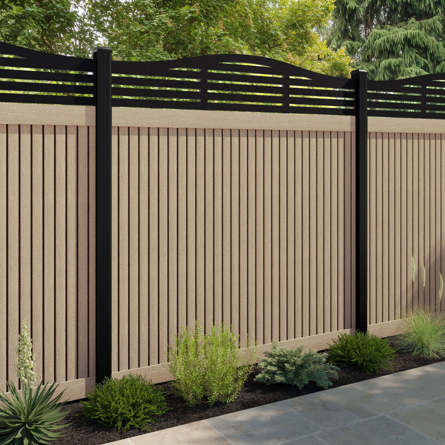 Virtis Aspen Curved Top Fence Panel - Light Oak - with our composite posts