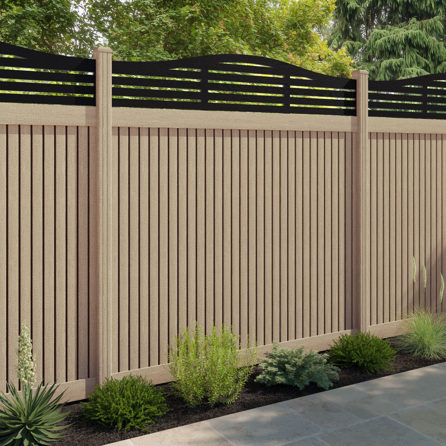 Virtis Aspen Curved Top Fence Panel - Light Oak - with our composite posts