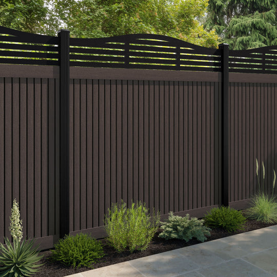 Virtis Aspen Curved Top Fence Panel - Mid Brown - with our aluminium posts