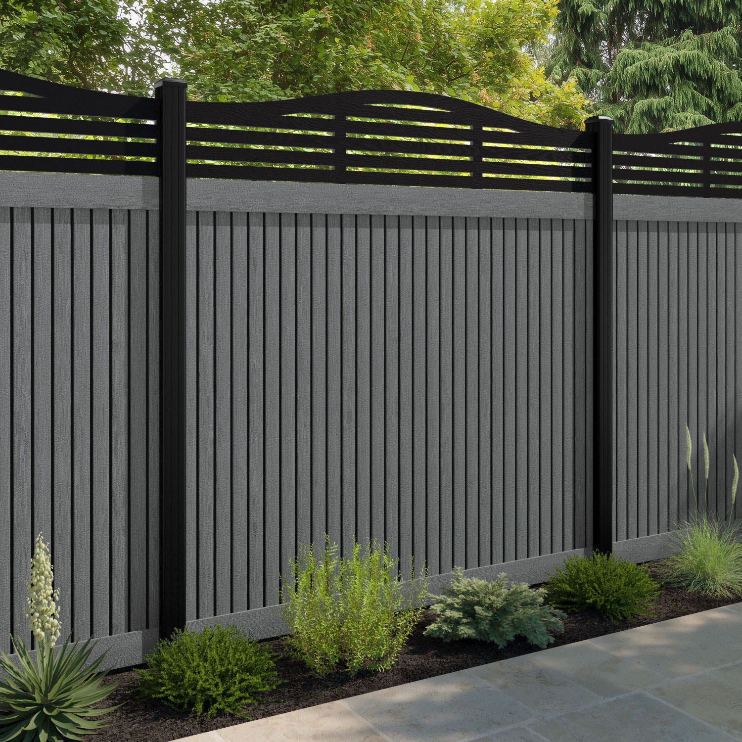 Virtis Aspen Curved Top Fence Panel - Mid Grey - with our composite posts