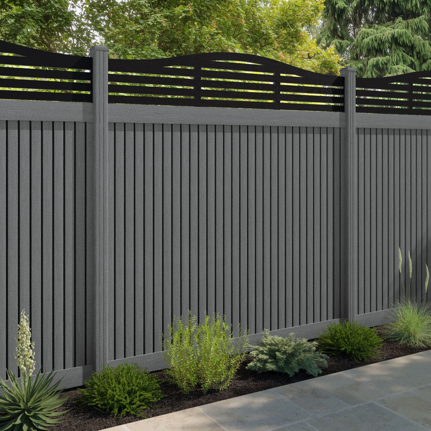 Virtis Aspen Curved Top Fence Panel - Mid Grey - with our composite posts