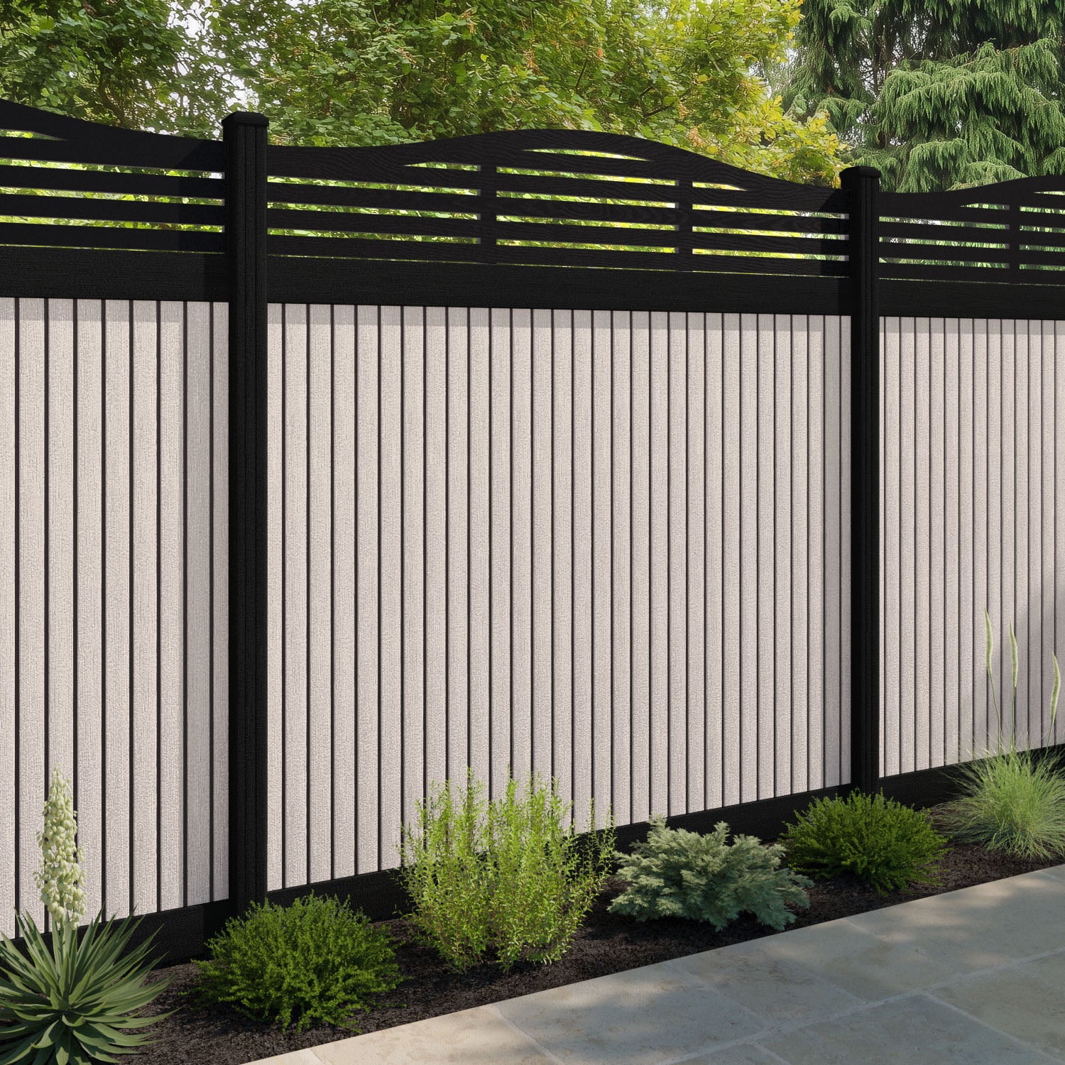 Virtis Aspen Curved Top Fence Panel - Mid Stone - with our composite posts