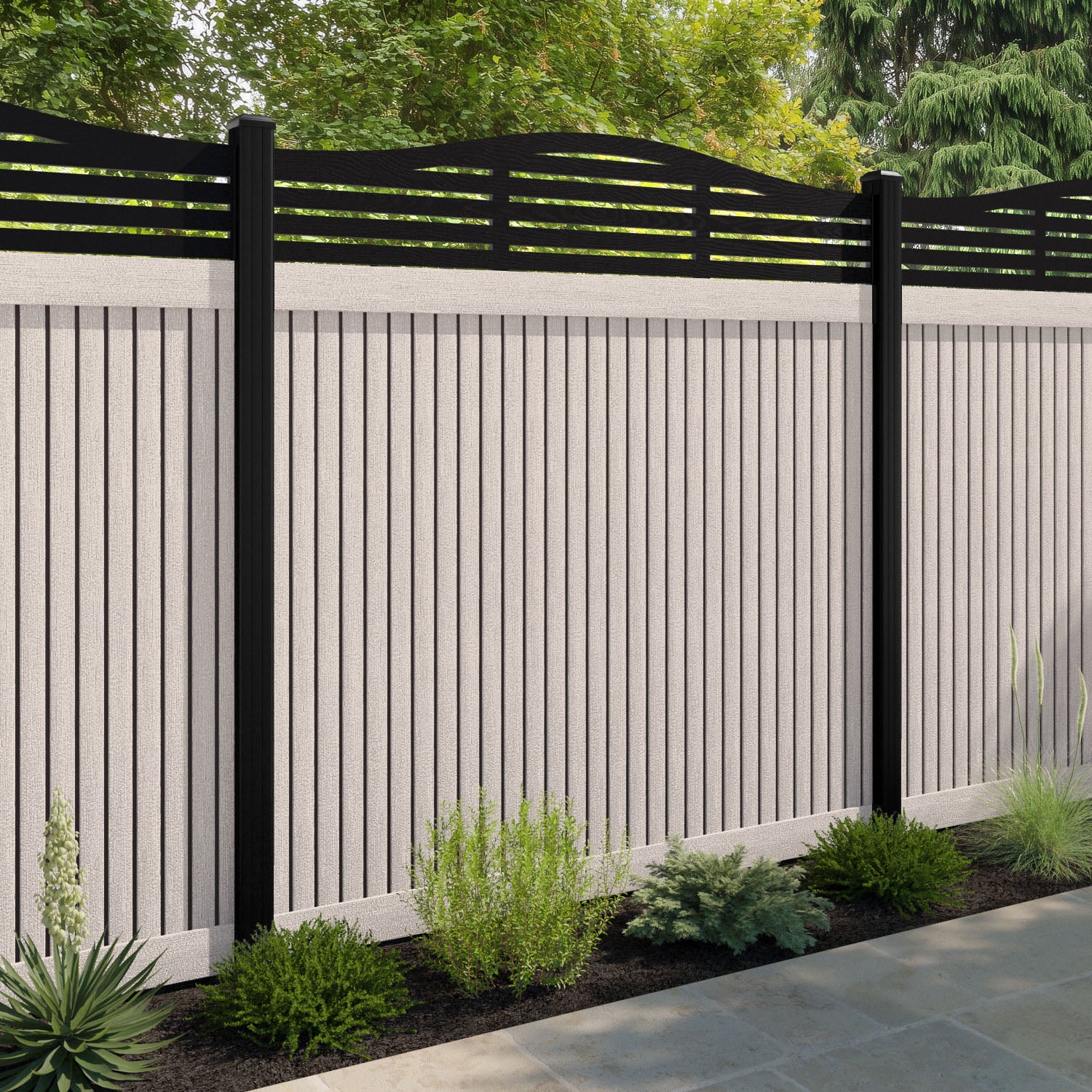 Virtis Aspen Curved Top Fence Panel - Mid Stone - with our composite posts
