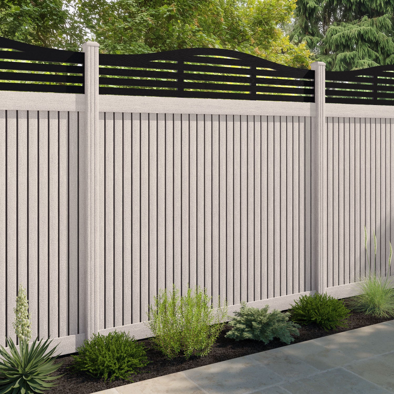 Virtis Aspen Curved Top Fence Panel - Mid Stone - with our composite posts