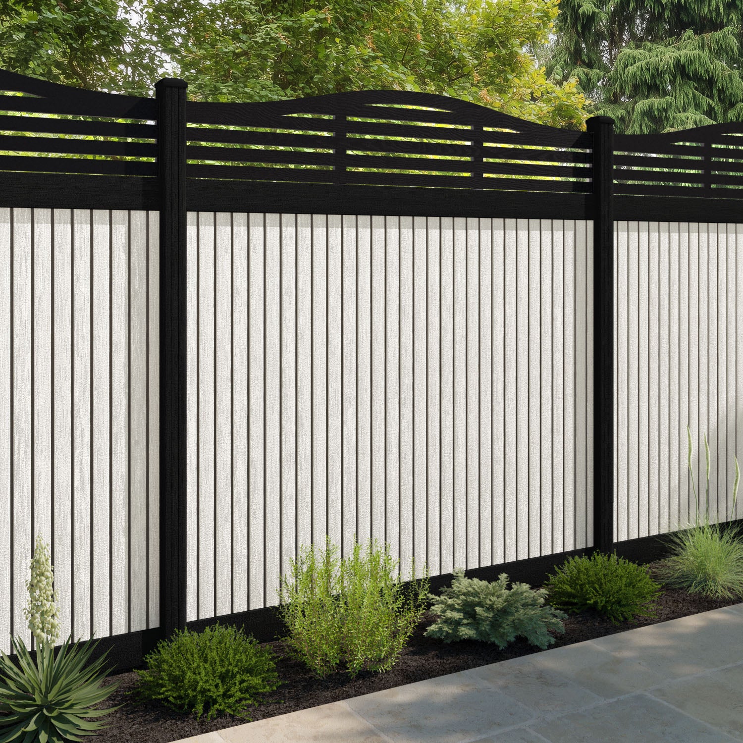 Virtis Aspen Curved Top Fence Panel - Light Stone - with our aluminium posts