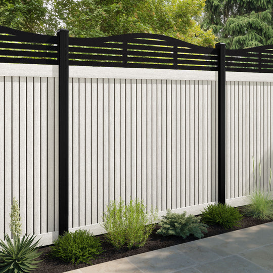 Virtis Aspen Curved Top Fence Panel - Light Stone - with our aluminium posts