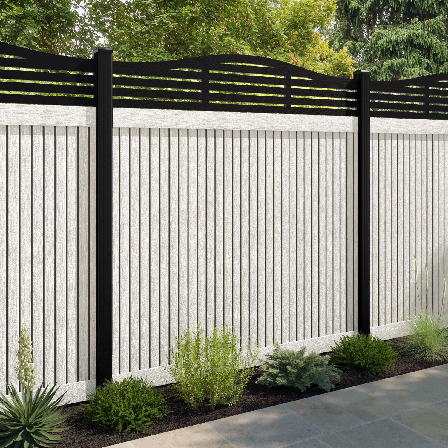 Virtis Aspen Curved Top Fence Panel - Light Stone - with our composite posts