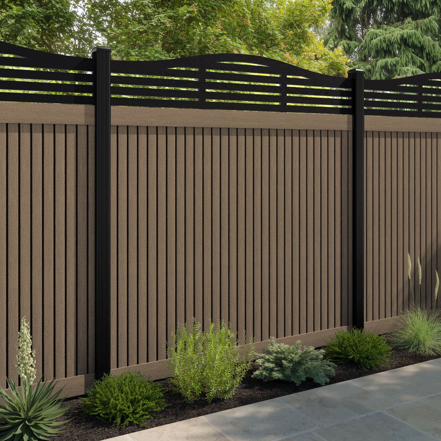 Virtis Aspen Curved Top Fence Panel - Teak - with our aluminium posts