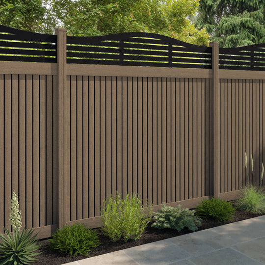 Virtis Aspen Curved Top Fence Panel - Teak - with our composite posts