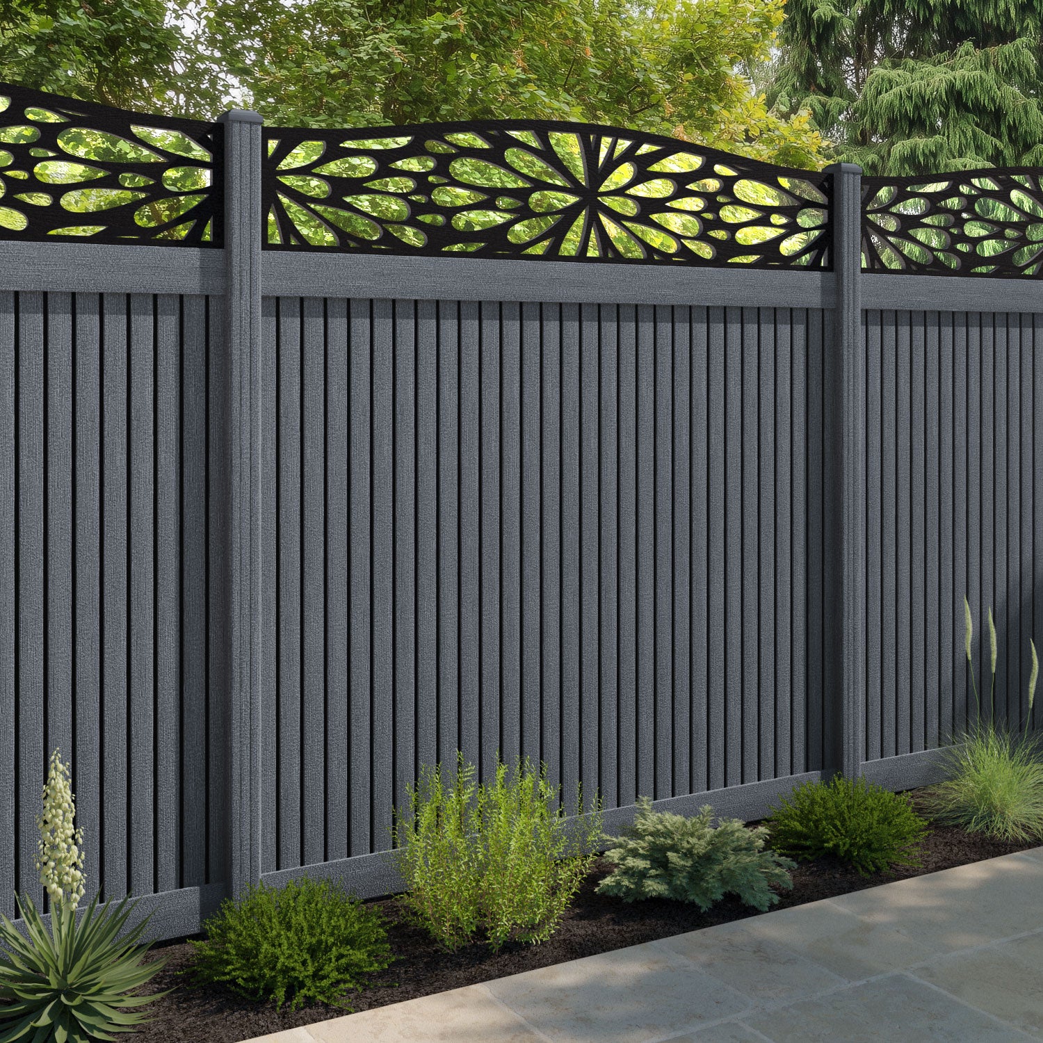 Virtis Blossom Curved Top Fence Panel - Anthracite - with our composite posts