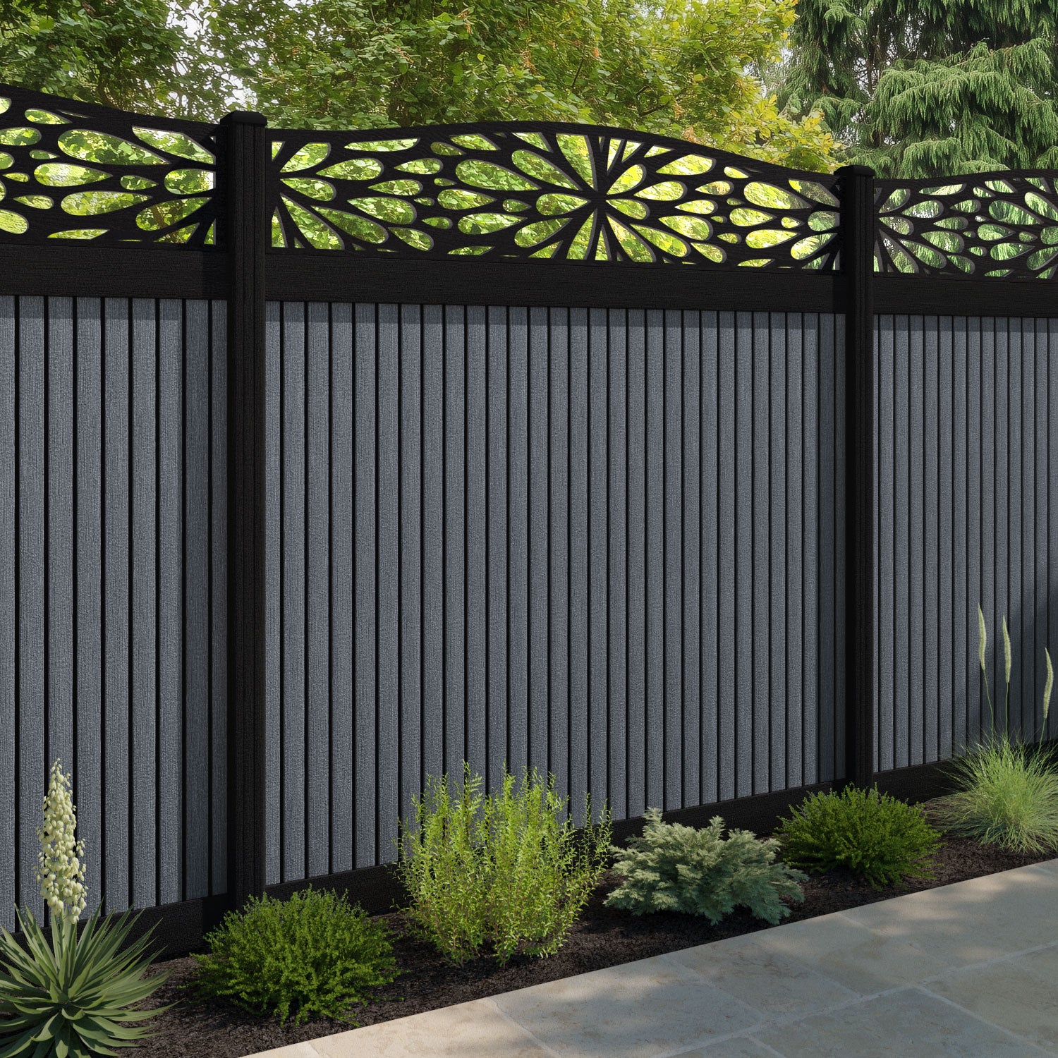 Virtis Blossom Curved Top Fence Panel - Anthracite - with our composite posts