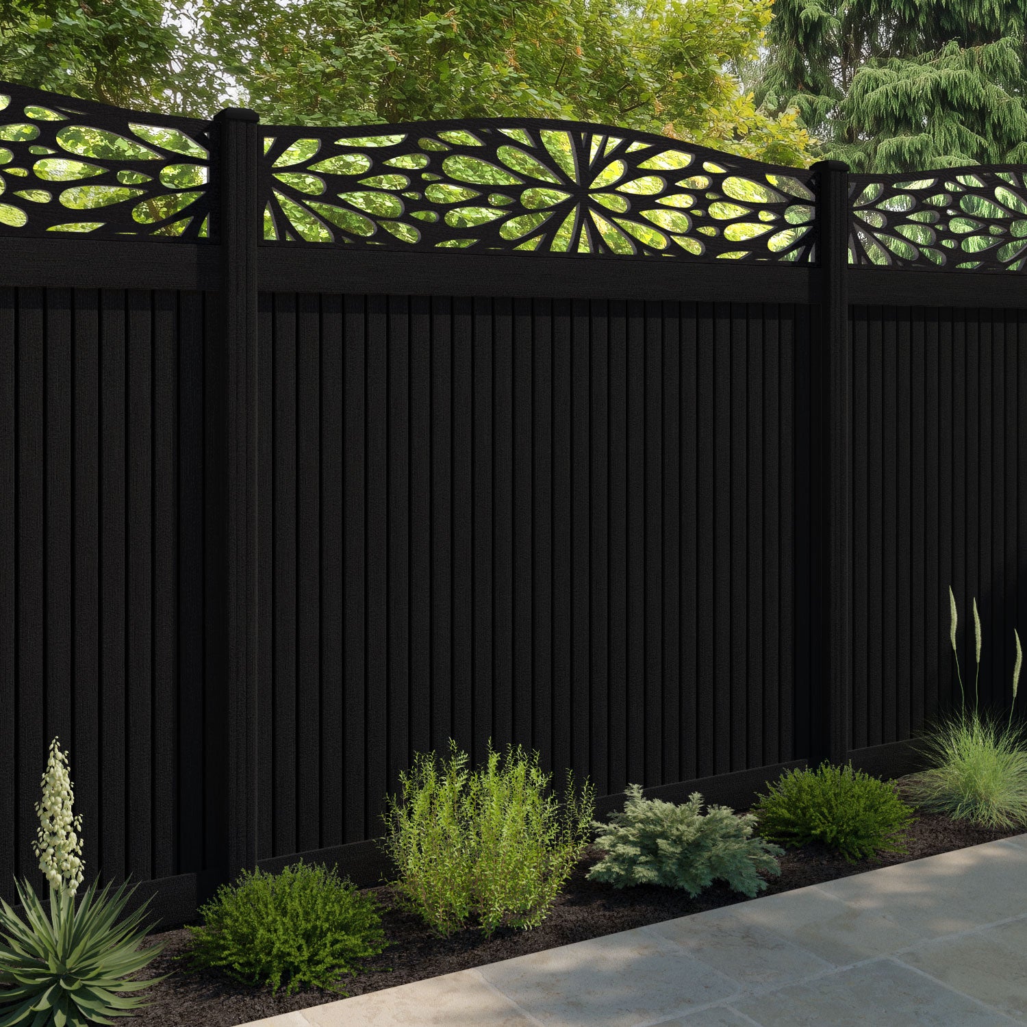 Virtis Blossom Curved Top Fence Panel - Black - with our composite posts
