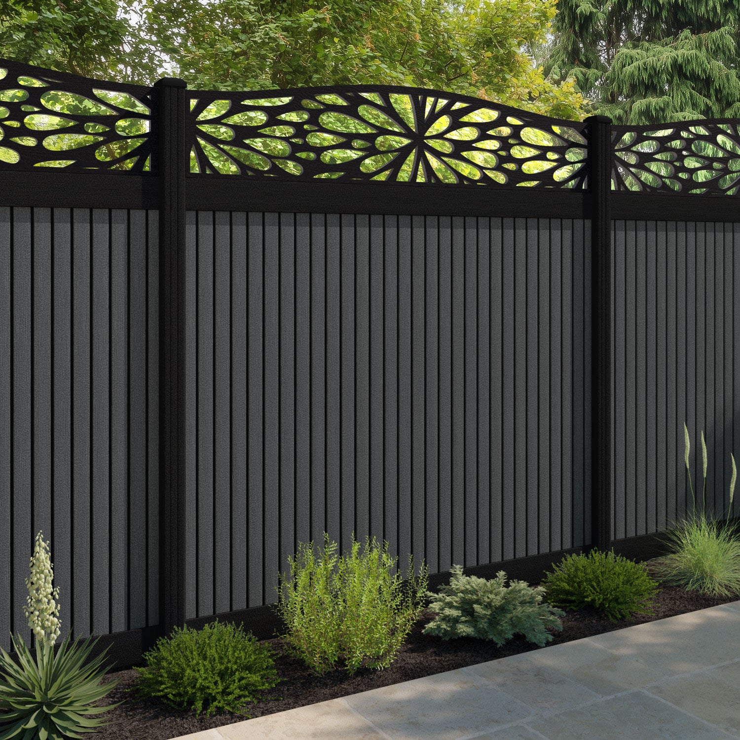 Virtis Blossom Curved Top Fence Panel - Dark Grey - with our aluminium posts