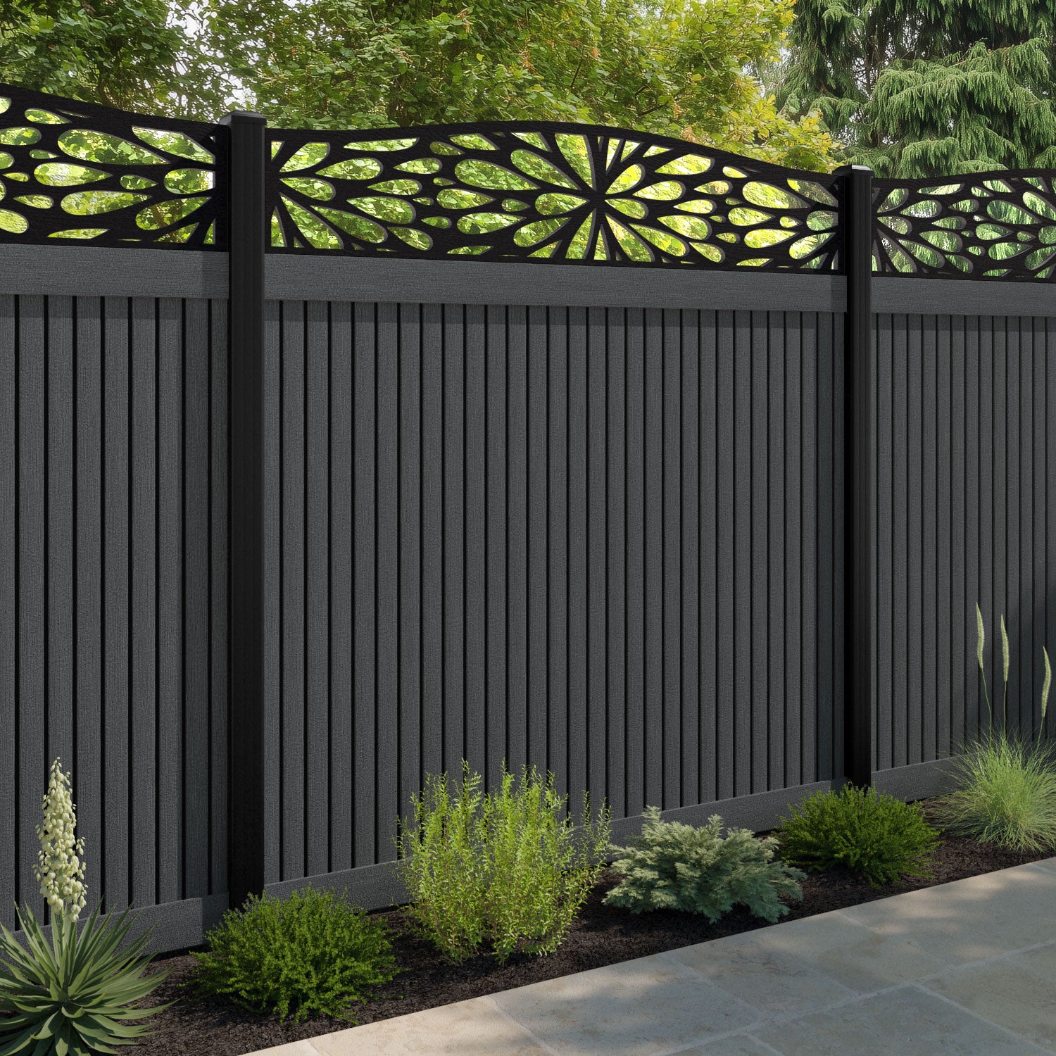 Virtis Blossom Curved Top Fence Panel - Dark Grey - with our aluminium posts
